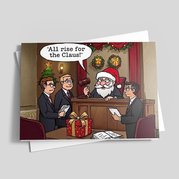 cartoon courtroom scene with Santa Claus and three men