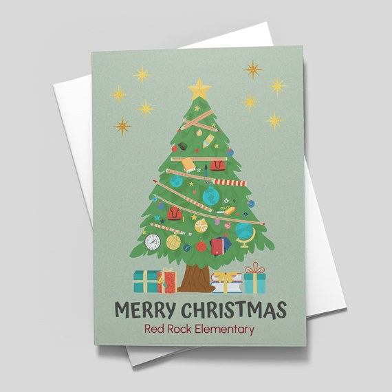 Christmas card with tree and gifts, customizable text area