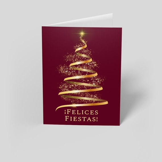 Christmas card with golden tree design and festive text