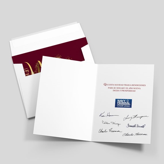 greeting card with burgundy and gold design, customizable text area inside