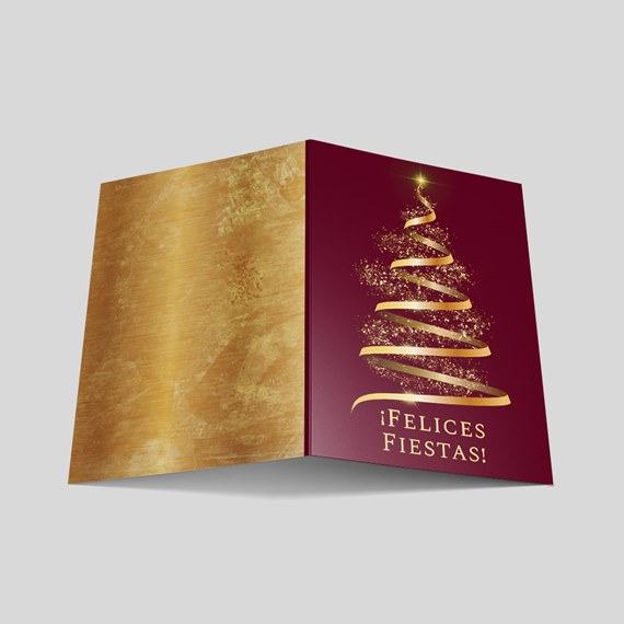 greeting card with gold tree design and burgundy background, customizable text area