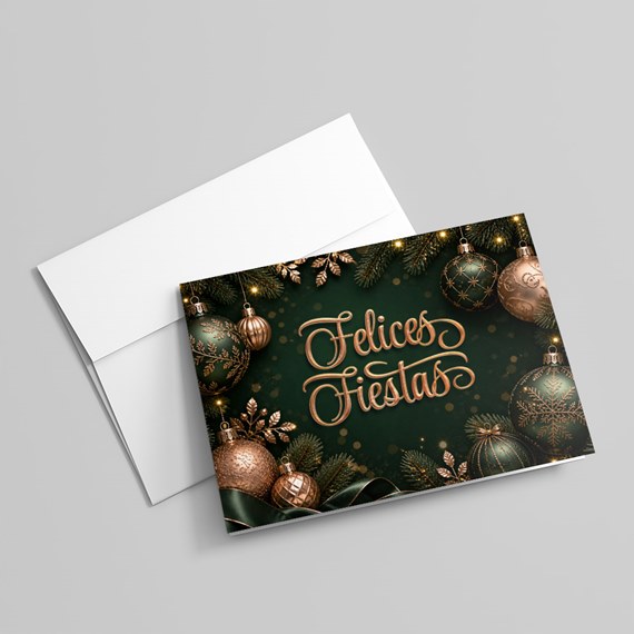 festive holiday card with ornaments and text placeholder