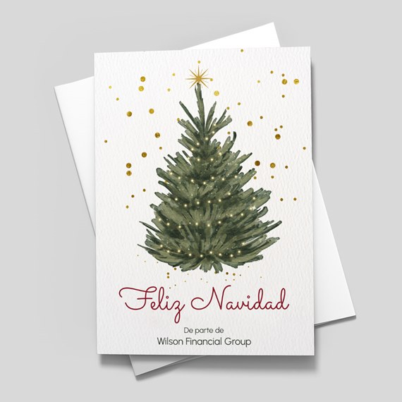 holiday card with christmas tree and text