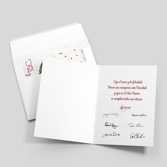 holiday greeting card with red text and gold polka dots