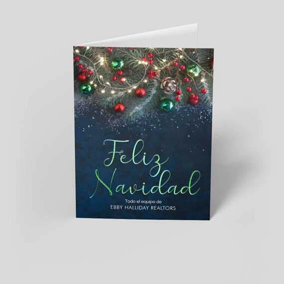 holiday card with pine branch, berries, ornaments, and text