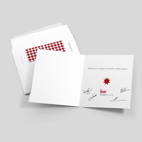 white card with red star and checkered pattern