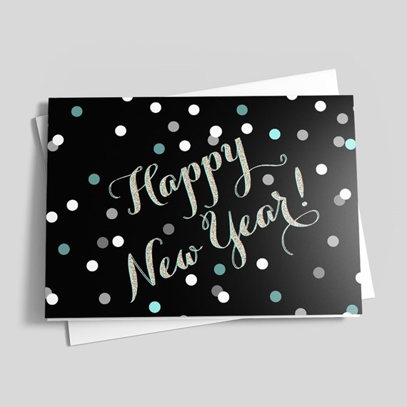 colorful polka dot greeting card with happy new year text