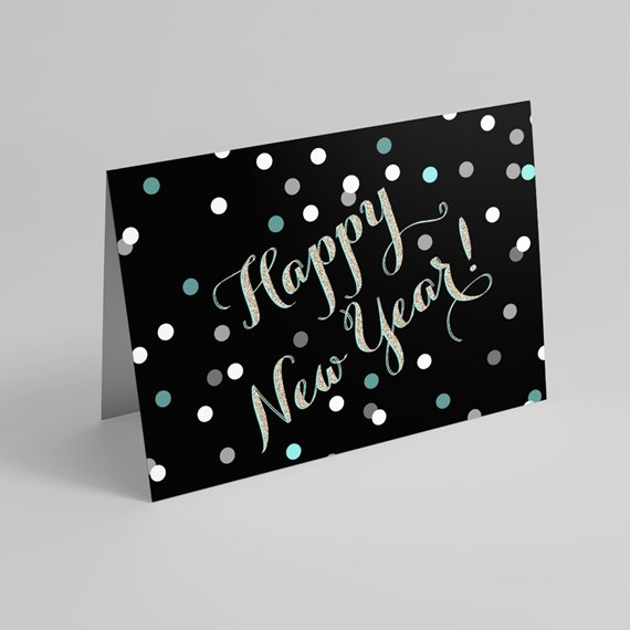 Black card with colorful polka dots and 'Happy New Year!' text