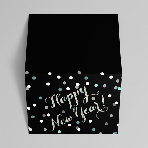 black gift box with colorful dots and script text