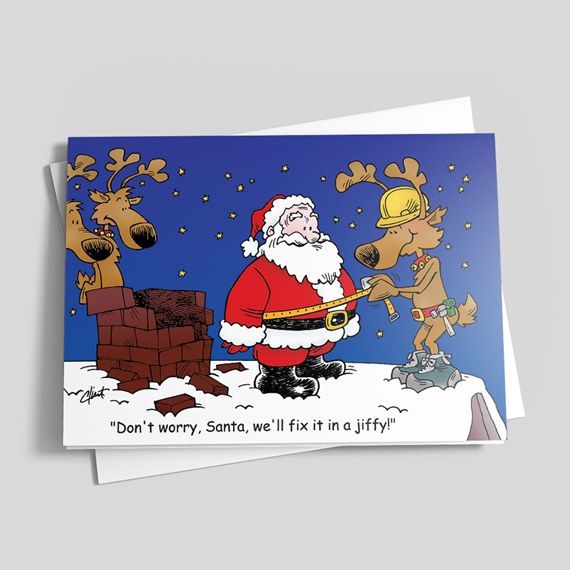 Cartoon Christmas card: Santa being measured by a hard-hat reindeer beside a broken chimney in the snow under a starry blue sky