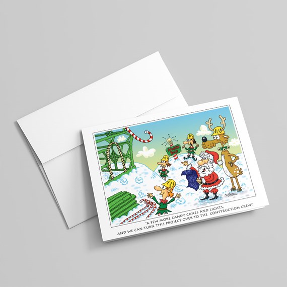 colorful holiday scene with Santa and elves, photo area
