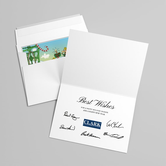 holiday card with whimsical illustration and customizable text area