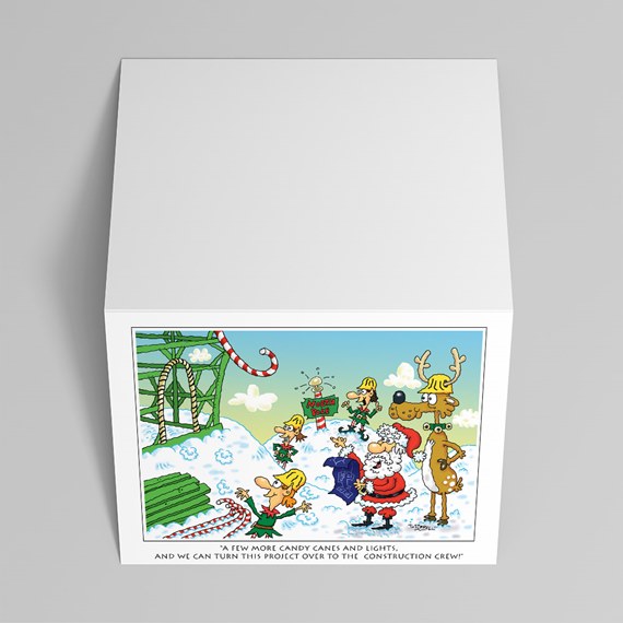 cartoon winter scene with Santa and elves