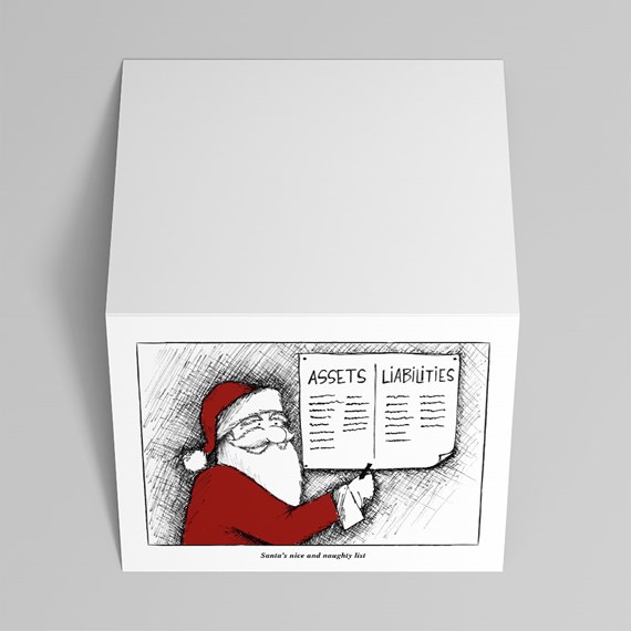 Santa Claus holding sign with assets and liabilities