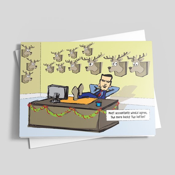 cartoon accountant at desk with deer heads and festive decoration