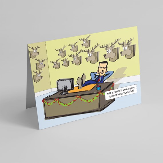 cartoon illustration of a man at a desk with deer heads on the wall
