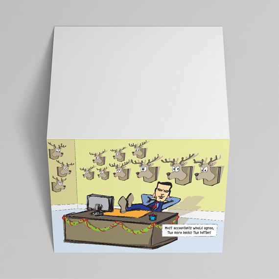 cartoon office scene with man and deer heads