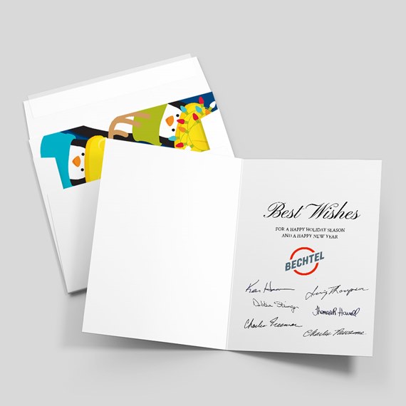 holiday greeting card with penguin illustration and text