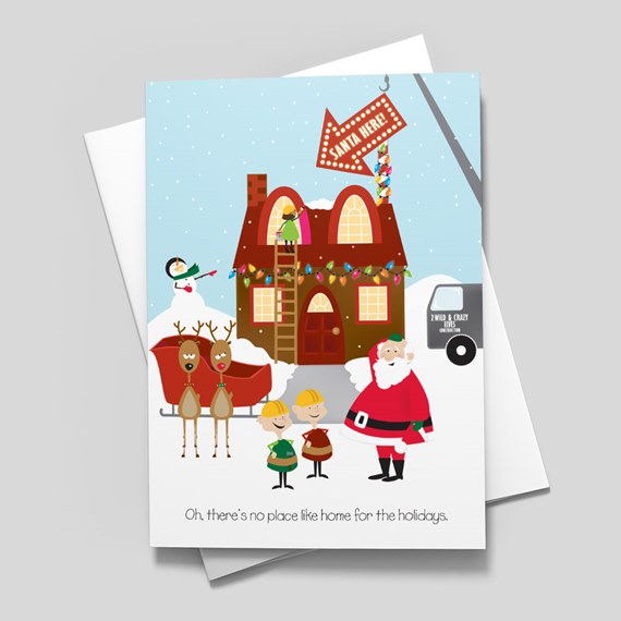 Holiday greeting card with Santa, elves, reindeer and decorated house in snow.