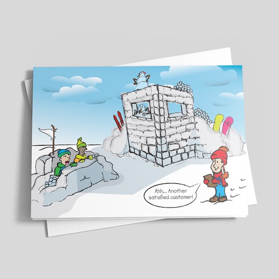 cartoon winter scene with snow fort and characters