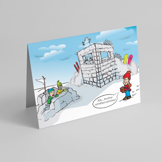 cartoon snowy landscape with characters and stone structure