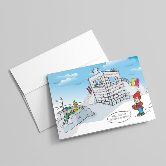 cartoon snow fort scene with children and speech bubble