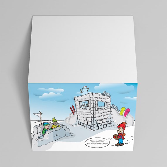 cartoon snowy landscape with stone fort and characters
