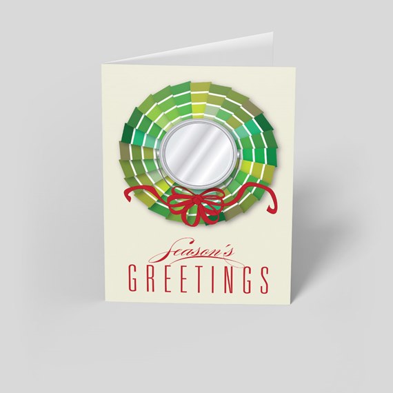 greeting card with wreath design and mirror area