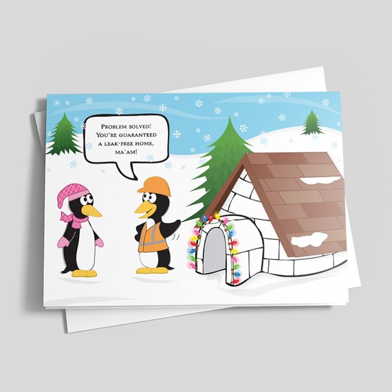 cartoon penguins in snow with igloo and speech bubble