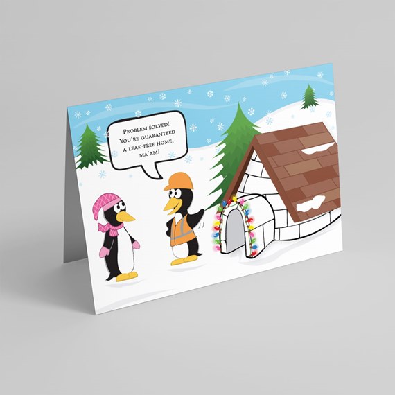 penguins in snowy landscape with colorful house and speech bubble