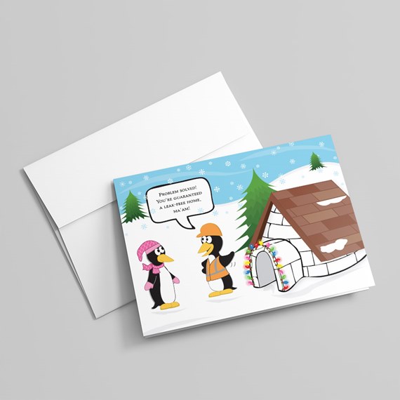 cartoon penguins in winter scene with igloo