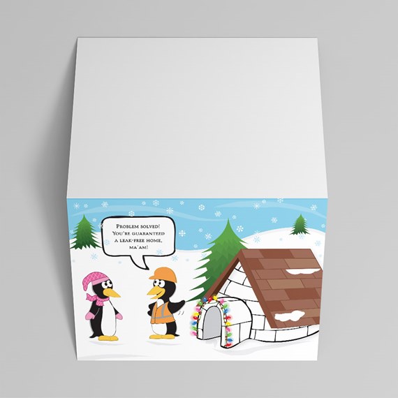 cartoon penguins in snow with igloo and trees