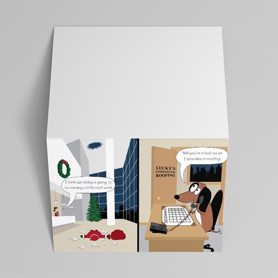 cartoon design with dog at desk and Christmas lobby