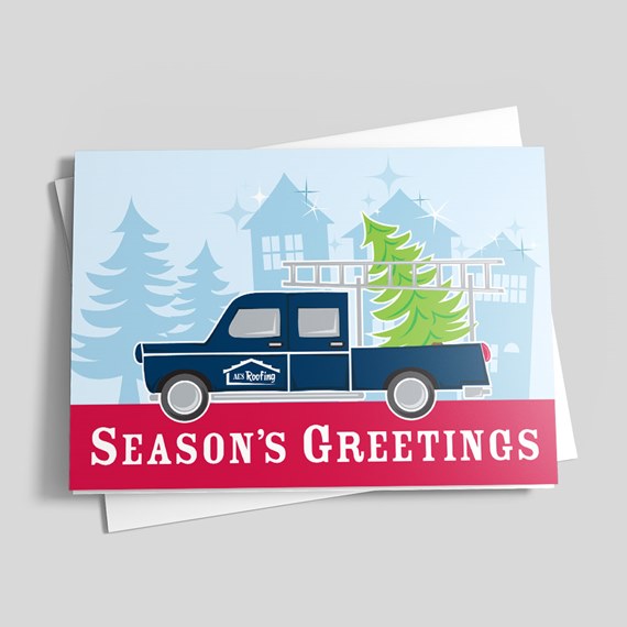 pickup truck with Christmas tree, season's greetings design