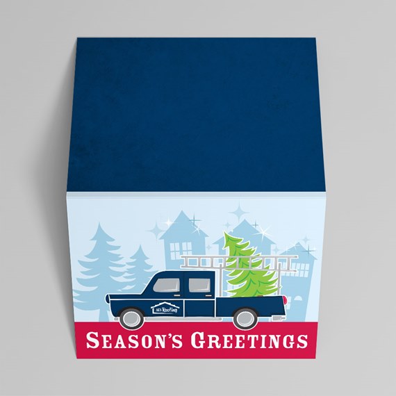 decorative box with truck and tree design, customizable text area