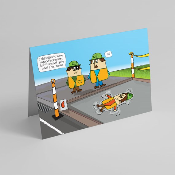 cartoon construction scene with speech bubble