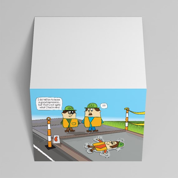 cartoon construction scene with workers and a lying figure