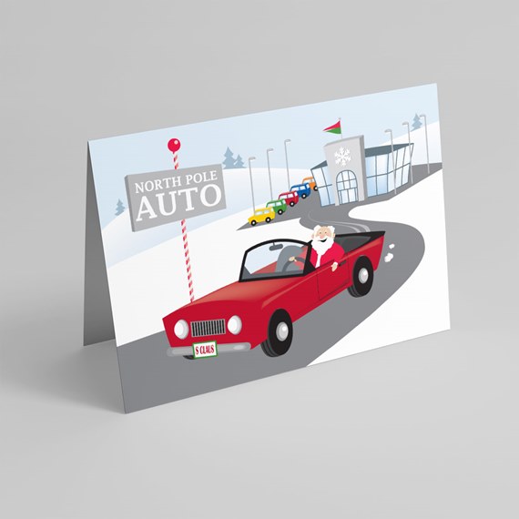 red convertible car with Santa driving, North Pole Auto sign, snowy background