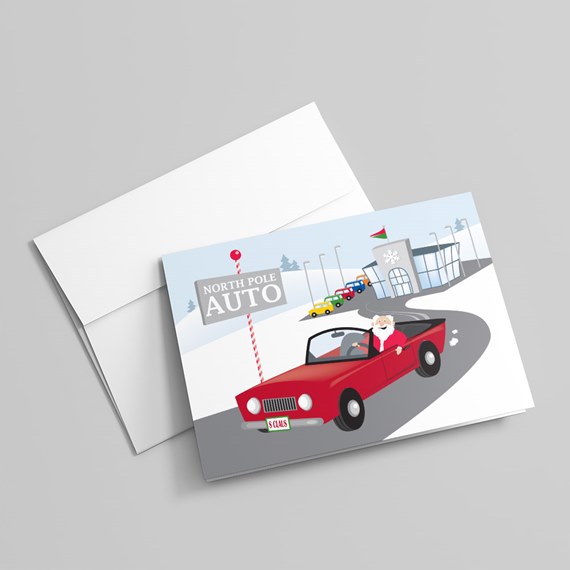 illustration of a red convertible car with North Pole Auto sign