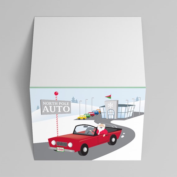 illustration of Santa in red car at North Pole Auto