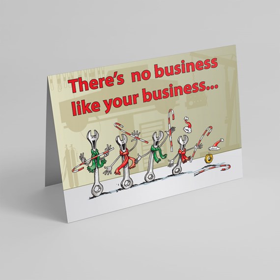 humorous card with cartoon wrenches and festive text