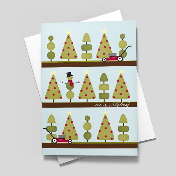 holiday card design with trees, snowman, and lawnmower