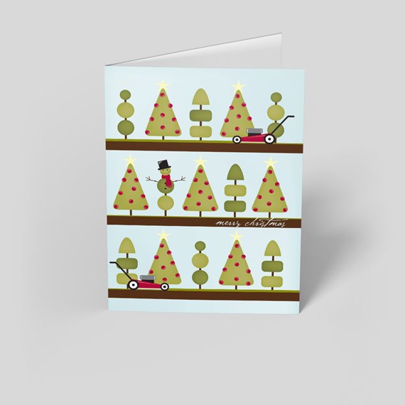 Christmas card design with trees and snowman