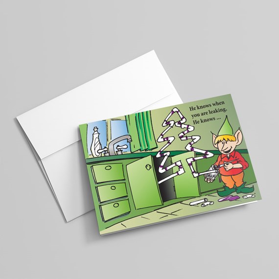 greeting card with elf and kitchen scene, customizable text area