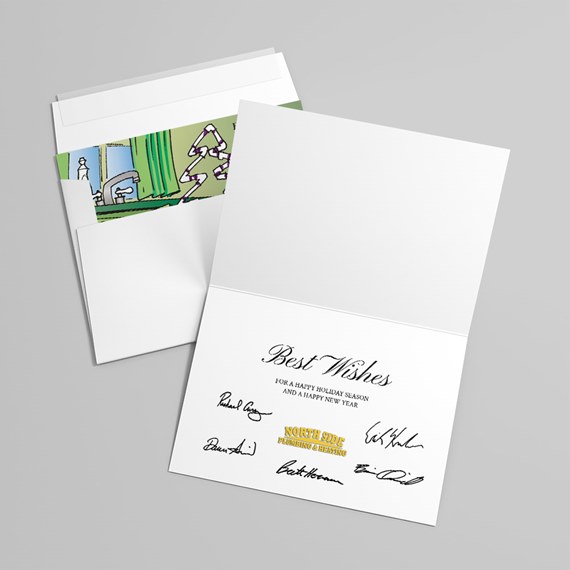 interior holiday card with decorative text and logo placeholder