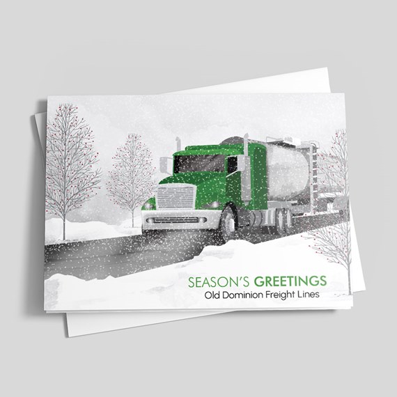 illustration of a green truck in snow with text area