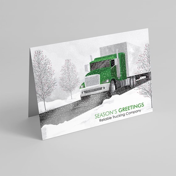 truck in snow scene with trees and greeting text