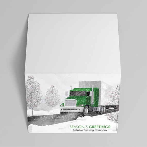truck in snow scene with trees and customizable text area