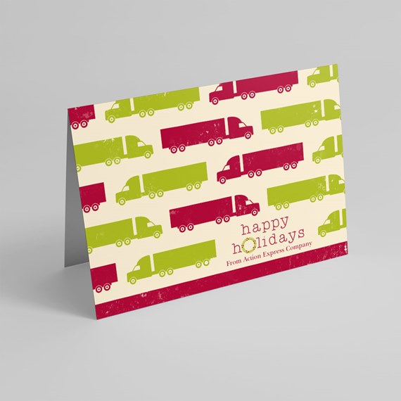 holiday card with truck pattern and customizable text area