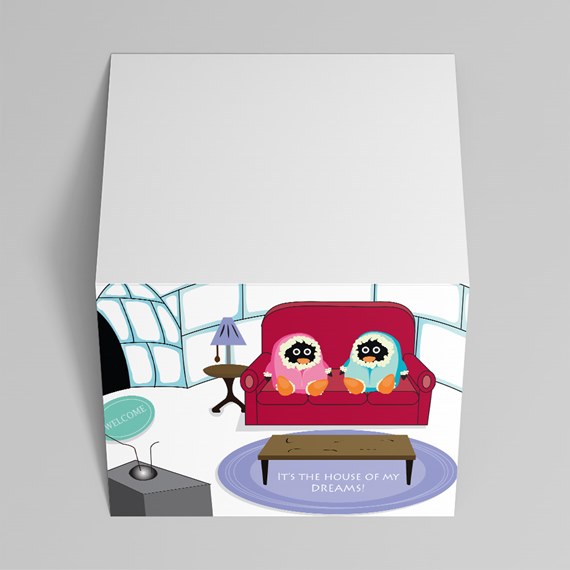 cartoon scene with characters on a couch, welcome sign, and text area